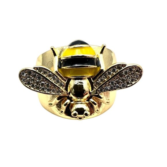 Bee Ring Clear Crystal Black Yellow Enamel 18K Gold Plated Adjustable Size New - Picture 5 of 6